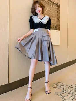 

Beaded Multi-Layer Lace Stitching Knitted Shirt + Irregular Pleated Overskirt Suit Women's 2020 Early Autumn New