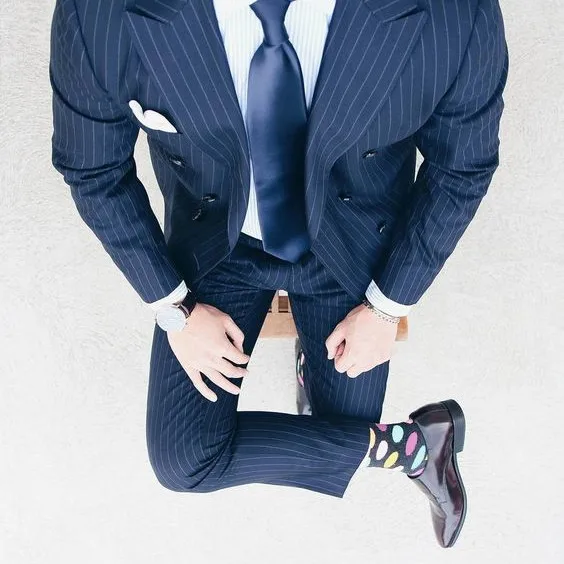 

Latest Cost Pant Designs Navy Blue Stripe Men Suit Slim Fit 2 Piece Tuxedo Prom Suits Custom Groom Blazer Masculino Jacket+Pant