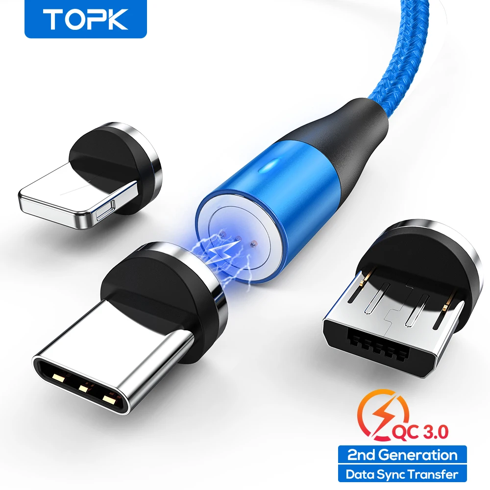 TOPK AM60 3A Быстрая зарядка светодиодный магнитный кабель Micro USB Type C для iPhone Xs Max 8 7 6