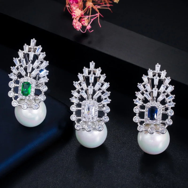 CWWZircons Роскошные серьги с большим круглым жемчугом в форме капель с кубическим цирконием для женщин, украшения для свадебной вечеринки CZ614