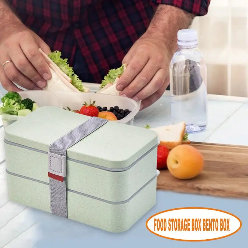 

2 Layer Lunch Box 1200mL Microwave Food Storage Bento Case Students Canteen Plate Wheat Straw Practical Tableware