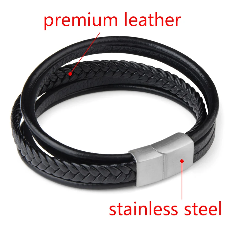 Braided Genuine Leather Men Bangle Stainless Steel Magnetic Buckle wristband Bracelet for Men Male Jewelry