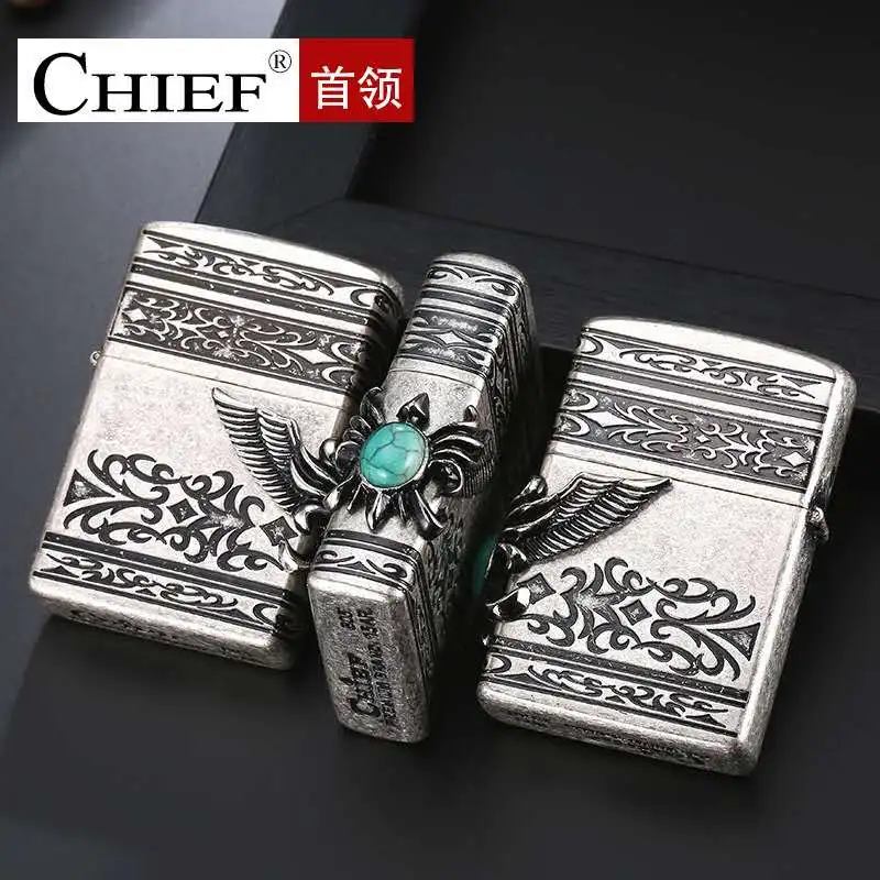 CHIEF brass kerosene lighter personality ancient silver knurled etch stick seal magic ring legend vintage smoking tool | Дом и сад
