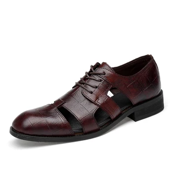 

New Summer Men's Leather Sandals Genuine Leather Soft Bottom Slip-on Shoes Hole Shoes Middle-aged Hollow Weave Dad Shoes %