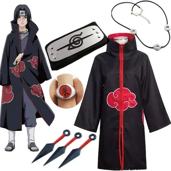 Naruto Cosplay Costume Akatsuki Cloak Uchiha Itachi Sharingan Headband Necklace Ring Kunai Pain Halloween Costume for Men Kids 1