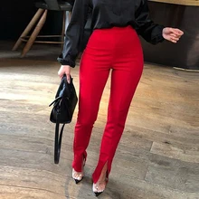 

Elegant Office Ladies Fashion Trousers Sexy Solid Color High Waist Front Slit Pencil Pants Black White Red Pants Work Wear Women