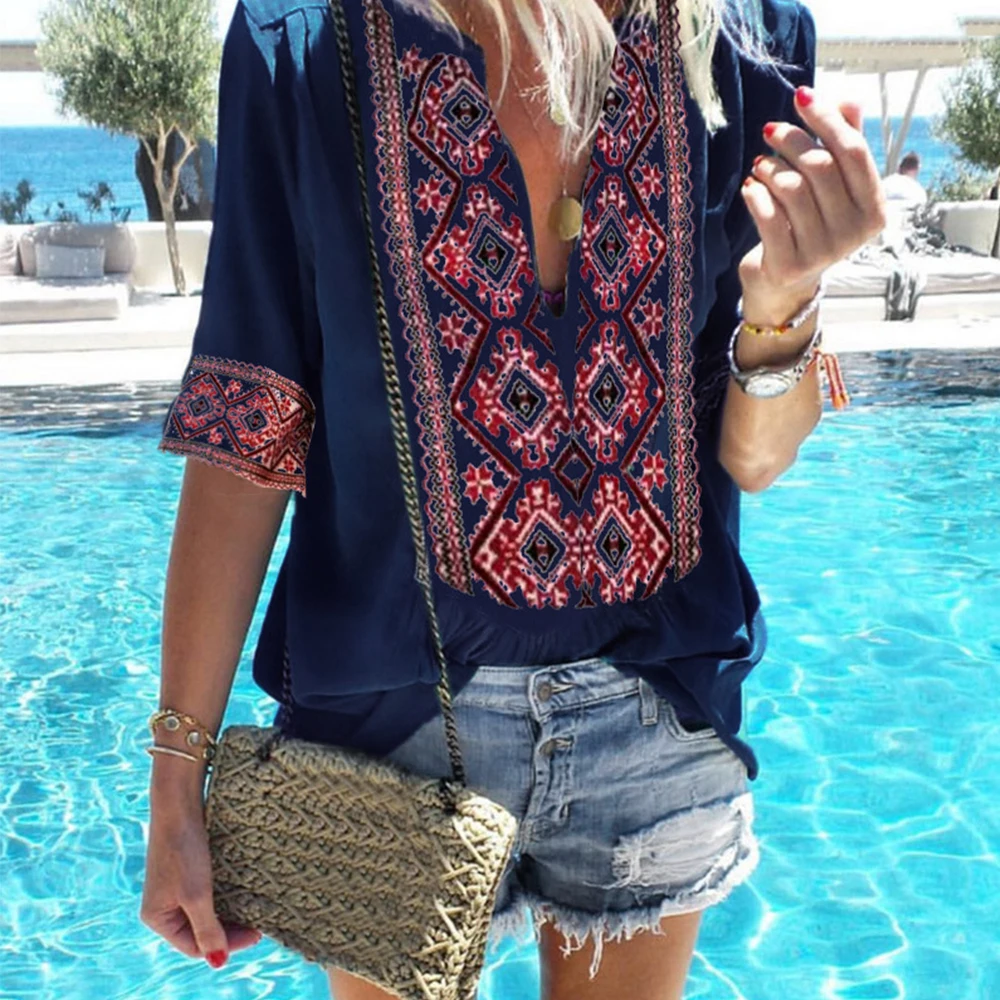 

Oeak 2019 Women Ethnic Style Bohemian Blouse Shirt Sexy V Neck Beach Blusas Summer Casual printed Boho Blouses 4XL 5XL