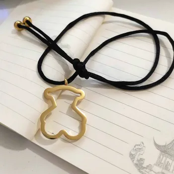 

Hollow Bear Stainless Steel Pendant Necklace Adjustable Drawstring Retro Rope Chain Black Rope Necklace