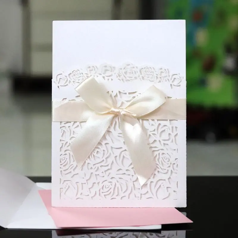  10pcs/set Glitter Hollow Rose Invitations Cards Cover Kits With Bow Ribbon For Wedding Bridal Showe - 4.00036E+12