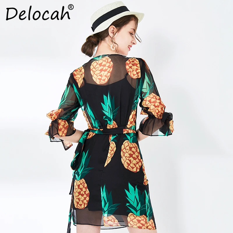 Delocah, весенне-летнее женское платье, подиумное, модное, дизайнерское, рукав-фонарик, с рисунком ананаса, элегантное, тонкое, шифоновое, женское платье