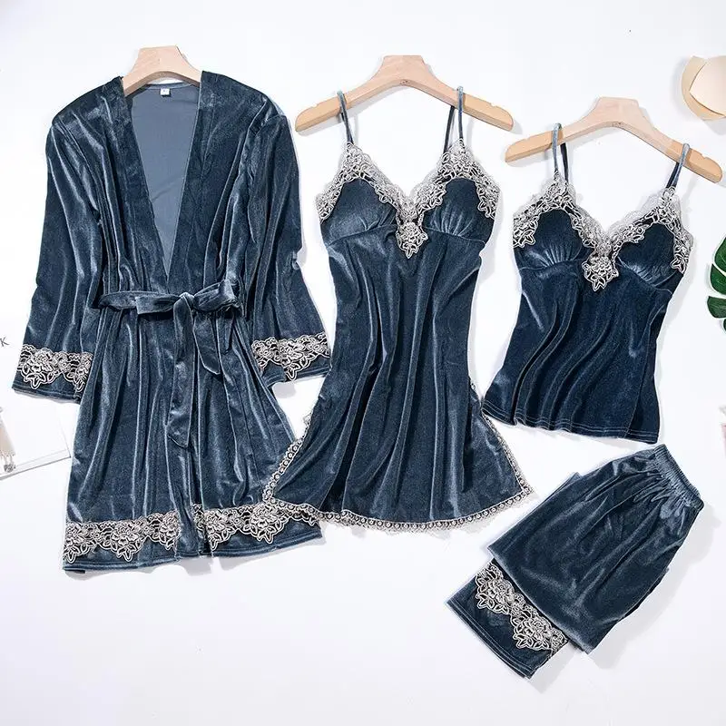 Сексуальный женский Велюровый комплект из 4 предметов: топ на бретелях и штаны с v-образным вырезом, халат для сна, банное платье, кимоно, пижамные комплекты, ночная рубашка, домашняя одежда, ночная рубашка - Цвет: Серый