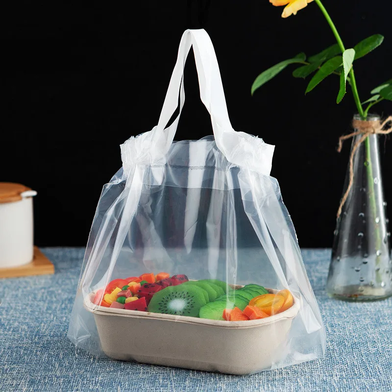 

50pcs Transparent Plastic Drawstring Bags Takeaway Food Packaging Plastic Salad Cake Portable Gift Bag With Handle