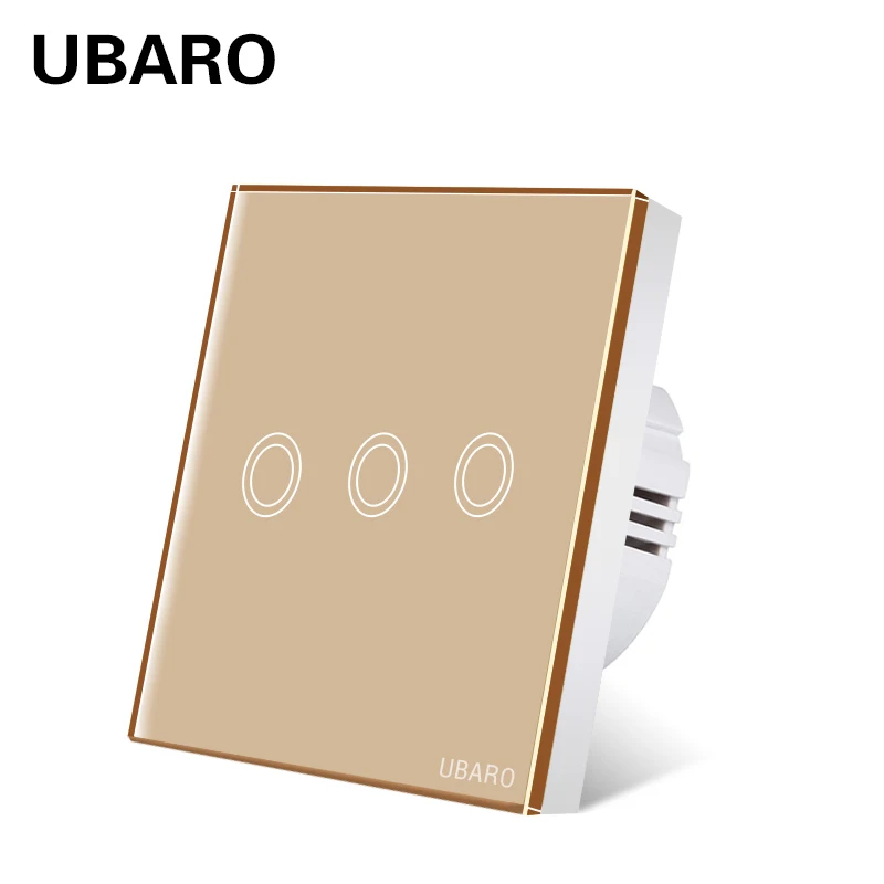 

UBARO EU/UK Gold Crystal Glass Panel Light Touch Switch Power Interruptor tactil Led Wall Manette Switches 3 Gang AC 100-240V