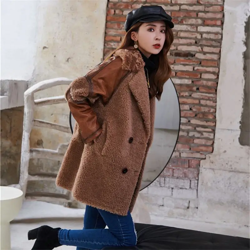 Women Autumn Winter New Composite Wool Fur Jacket Natural Sheep Shearing Coat Female Lapel Casual Lambswool Outwear E147 - Color: coffee