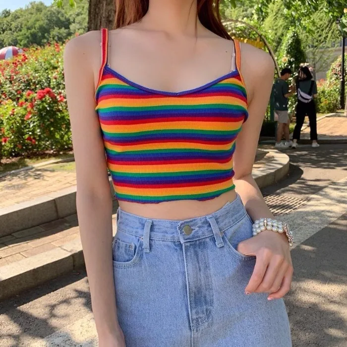 

Rainbow Striped Knitted Camisole Petite Sexy Cute Girl Crop Top Women Shirt Camiseta Feminina Camisa Mujer