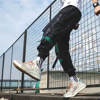 

Men Streetwear Carog Pants Hip Hop Baggy Joggers Korean Style Patchwork Pocket Sweat Pants Black Track Pants For Male