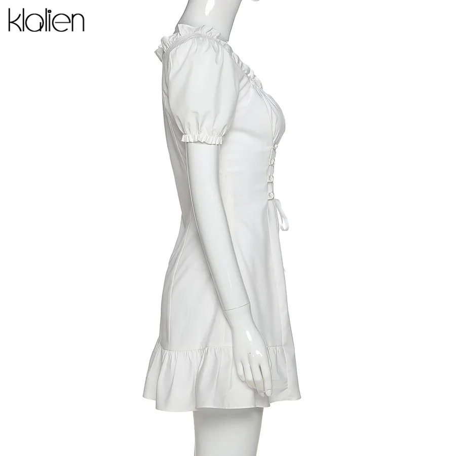 KLALIEN Fashion Elegant Bow White Female Mini Dress Summer Party Birthday Festival Cute Sexy French Romantic Silk Dress Women