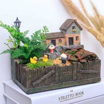 

Miniature Resin House Planter Pot Succulent Flower Pot Micro Landscape Decorations Crafts for Desktop Office FP8