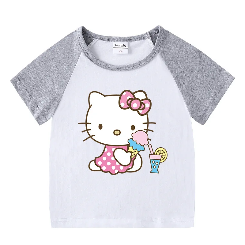thumbnail image 1 of Hello Kitty-Camiseta de manga corta para niña, pantalones cortos deportivos informales, traje superior transpirable de algodón de dos piezas, novedad de verano, dibujos animados, 1 of 4