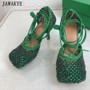 High Quality Diamond Net Women Sandals Square Toe Cross Tied Party Runway Shoes Blingbling Crystal 2021 Green High Heel Sandals 1