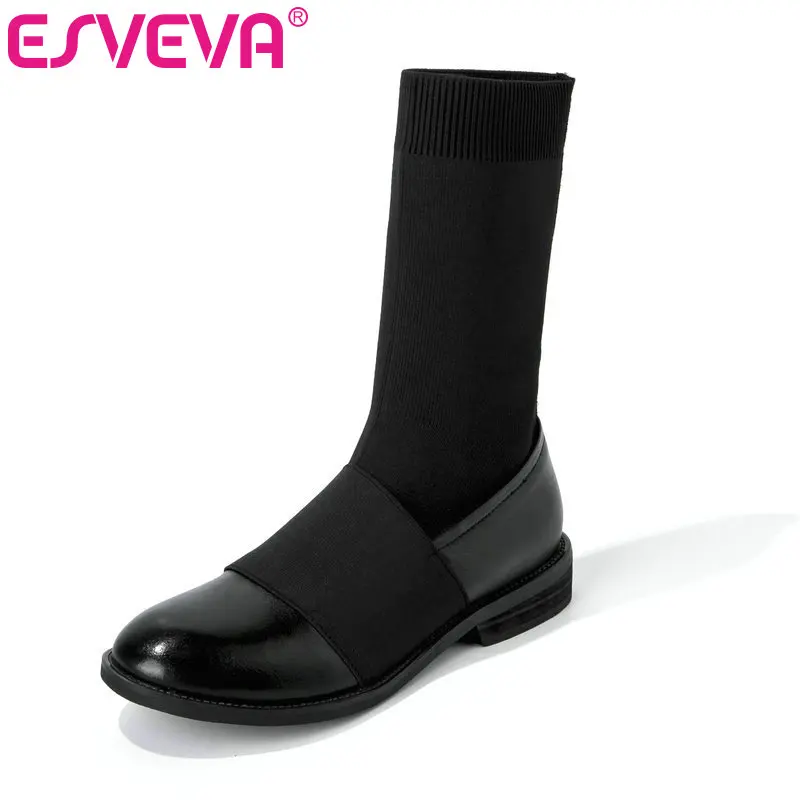 

ESVEVA 2020 Autumn Women Shoes Winter Ankle Boots Square Low Heel Elegant PU+Leather Motorcycle Platform Boots Size 34-43