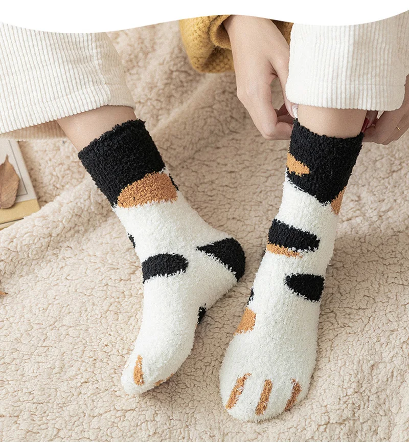 6 пара/лот, женская зимняя симпатичная кошачья лапа, коралловый женский набор носков, теплые носки для женщин, зимние Забавные милые носки, длинные носки