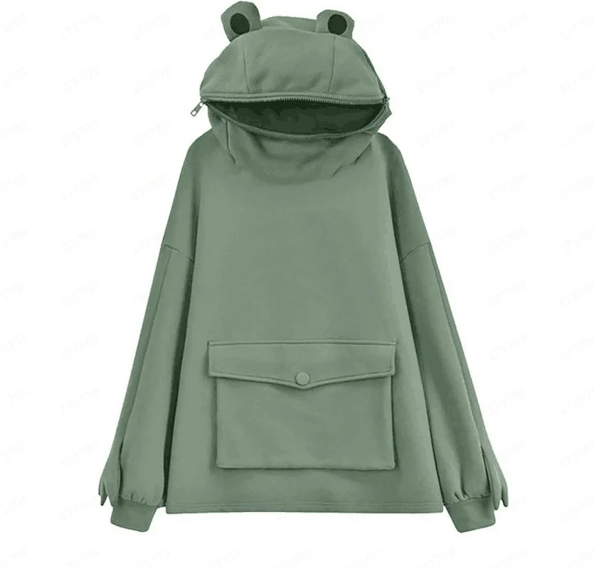 Harajuku Women's Hoodie Pullover Fall Mid-length Hooded Velvet Sweater Winter Cute Frog Lazy Loose Ladies Jacket |