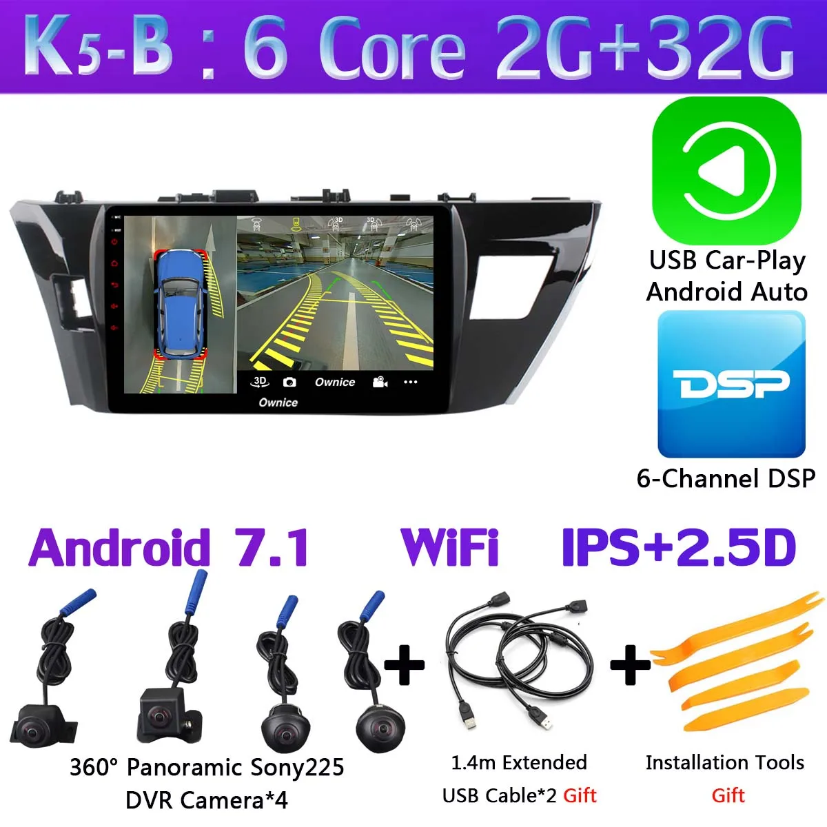 360 ° 4×Camera Android 9,0 4G+ 64G gps радио CarPlay DSP автомобильный мультимедийный плеер для Toyota Corolla levin E160 E170 E180 - Цвет: K5-B-CarPlay
