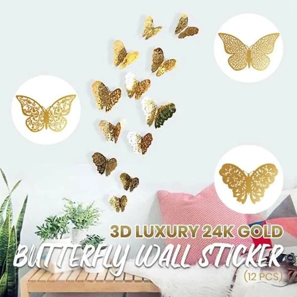 12 шт наклейки 3D Роскошные 24k золотые бабочки настенные стикеры металлические