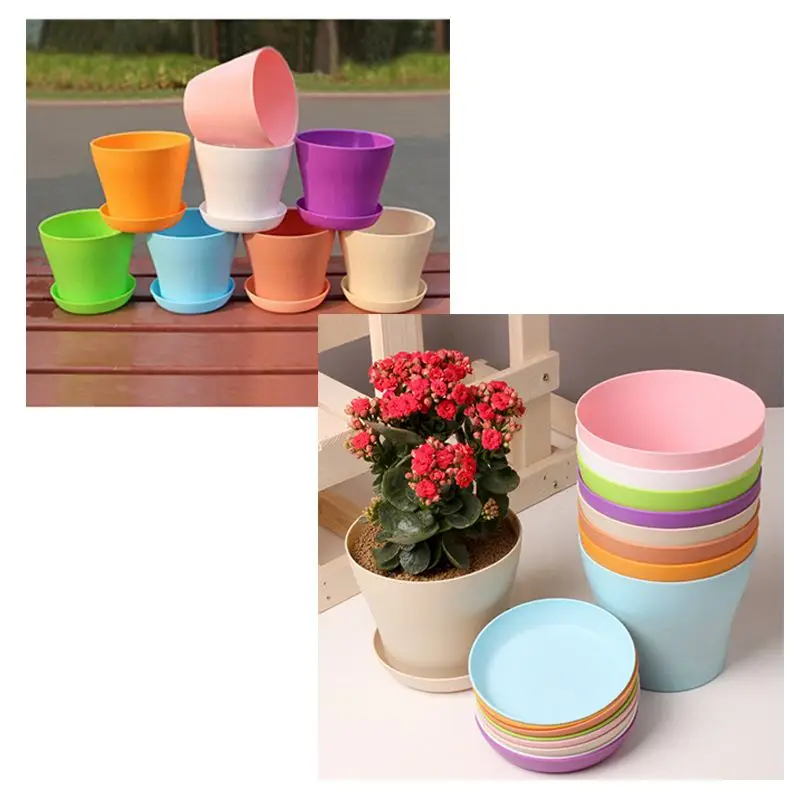 8 Pcs 4 inch Small Plant Pots Colorful Plastic Flower Pots Indoor Plant Pots for Office House Desk with Pallet/Trays(Blue,purpl