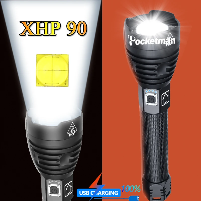 

Most Powerful XHP90 LED Flashlight Brightest Zoom Torch XHP50 USB Rechargeable Lamp By 18650 26650 for Camping Hunting