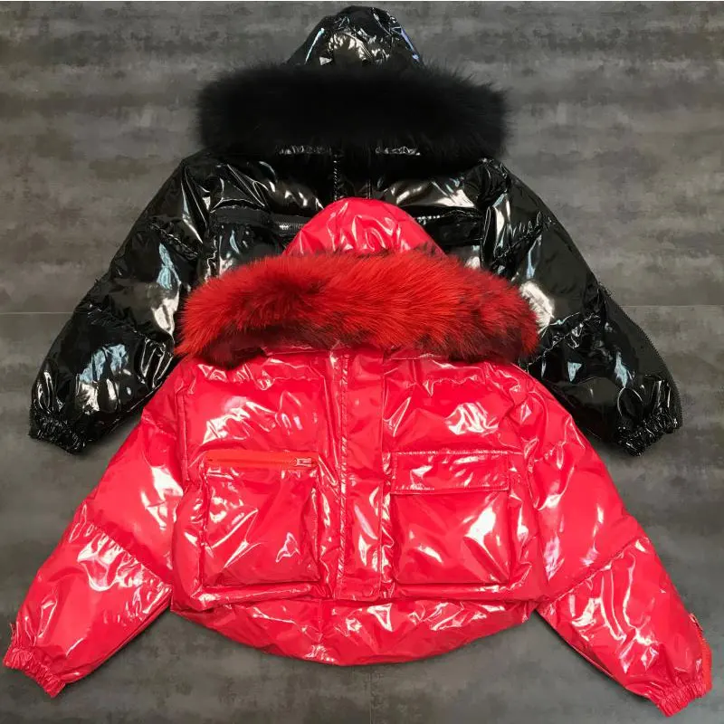 Зимнее женское пальто, новинка, натуральный мех, воротник из лисьего меха, с капюшоном, лакированная кожа, хлопковая куртка, хлопок, короткая куртка, пальто