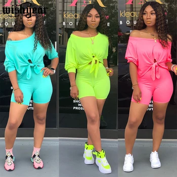 

Solid Color Summer 2 Piece Set Women Sexy 3/4 Sleeve Front Tie Up Hem Crop Top + Shorts Sporting Tracksuit Outfits Plus Size XXL