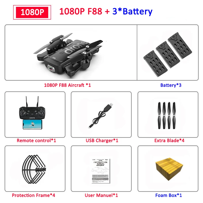 1080P 3B FB F88 Дрон RC Квадрокоптер складной портативный WiFi Дроны с 4K HD широкоугольная видеокамера режим удержания высоты Дрон VS SG106 - Цвет: 1080P 3B FB