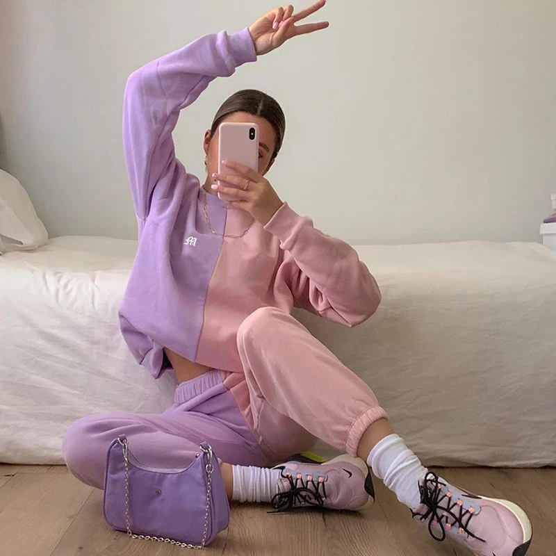 Women Pink Purple Patchwork Two Piece Set Tracksuit Long Sleeve Sweatshirts and Baggy Sweatpants Fahion Autumn Winter Streetwear Women Pink Purple Patchwork Two Piece Set Tracksuit Long Sleeve Sweatshirts and Baggy Sweatpants Fahion Autumn Winter Streetwear