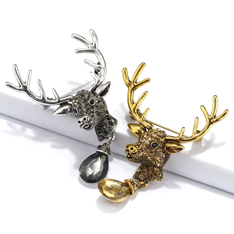 H350217X古银鹿头玻璃吊坠胸针 (14)