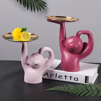 

Creative Resin Monkey Stainless Steel Tray Dry Fruit Candy Storage Plate Living Room Decor Home Decoration Accessories Modern