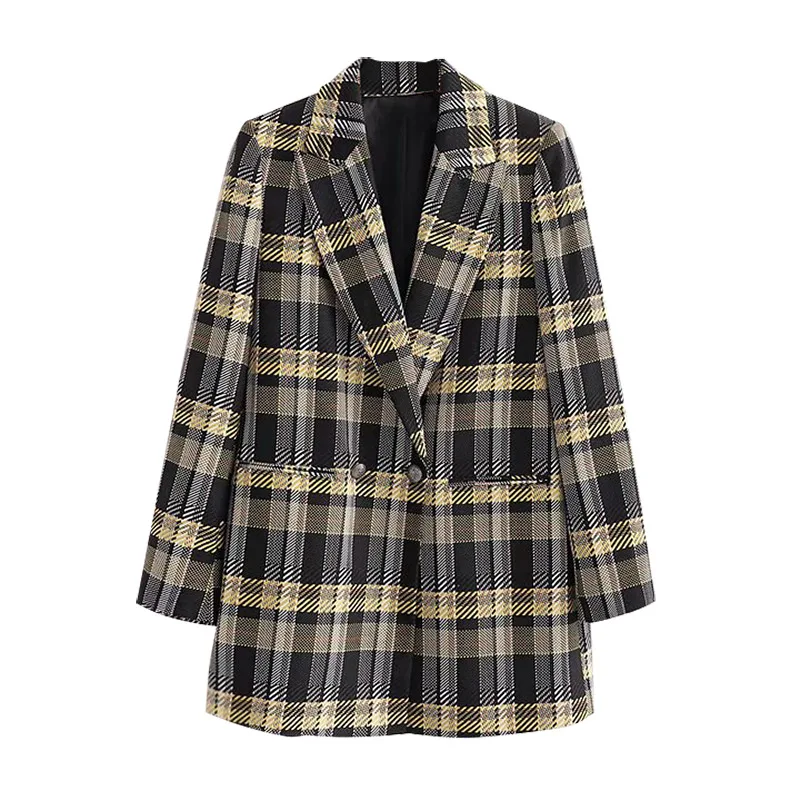 Plaid Мода леди OL плед Пиджаки двубортный Карманы элегантные костюмы для женщин с длинным рукавом шикарная куртка зима осень блейзер Feminino - Цвет: Plaid