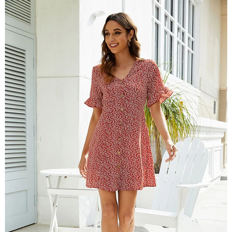 

Women's Dress Summer Beach Holiday Fashion 2020 Casual Elegant Loose Pink V-Neck Large Size New Korean Style Short-Sleeve Skirt