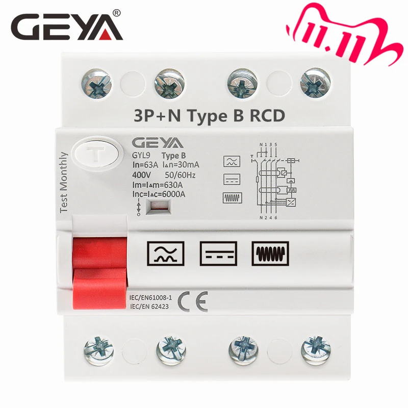 US $77.17 Free Shipping GEYA Din Rail B Type Earth Leakage Current breaker DC RCCB RCD 4P 40A 63A 30mA 300mA Type B RCD