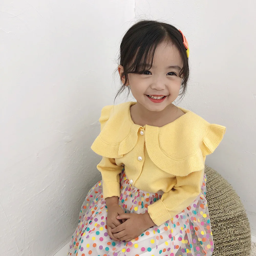 

Children Cardigans for Girls Lovely Flower Cotton Sweaters Doll Collar Ruffled Cardigan Spring Fall Baby Girls Knitwear Jacket