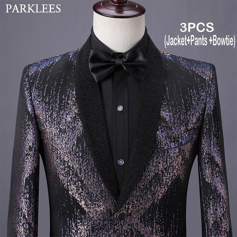 

Men's Luxury 3 Pcs Shiny Tuxedo Suit Shawl Collar One Button Dress Suit Male Prom Orchestra Wedding Groom Costume Homme Mariage