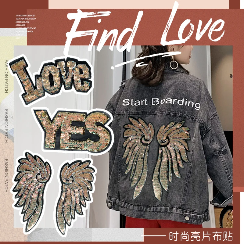 

LOVE YES Angel Wings Sequin Patches for Clothing Gold Embroidery Applique Iron on Letters DIY Patch Clothes Sweater Jacket JOD