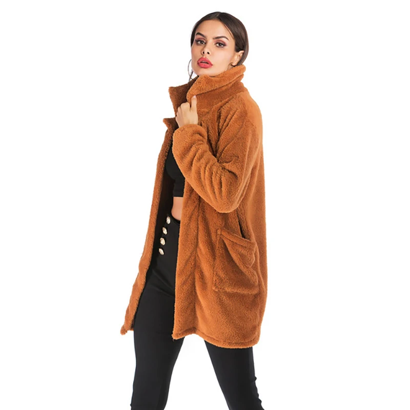 S-XL, женское повседневное осеннее и зимнее пальто, флисовое пальто с отворотом, коричневое однотонное пальто с плюшевым мишкой, тонкое пальто с искусственным мехом, Женское пальто с плюшевым мишкой