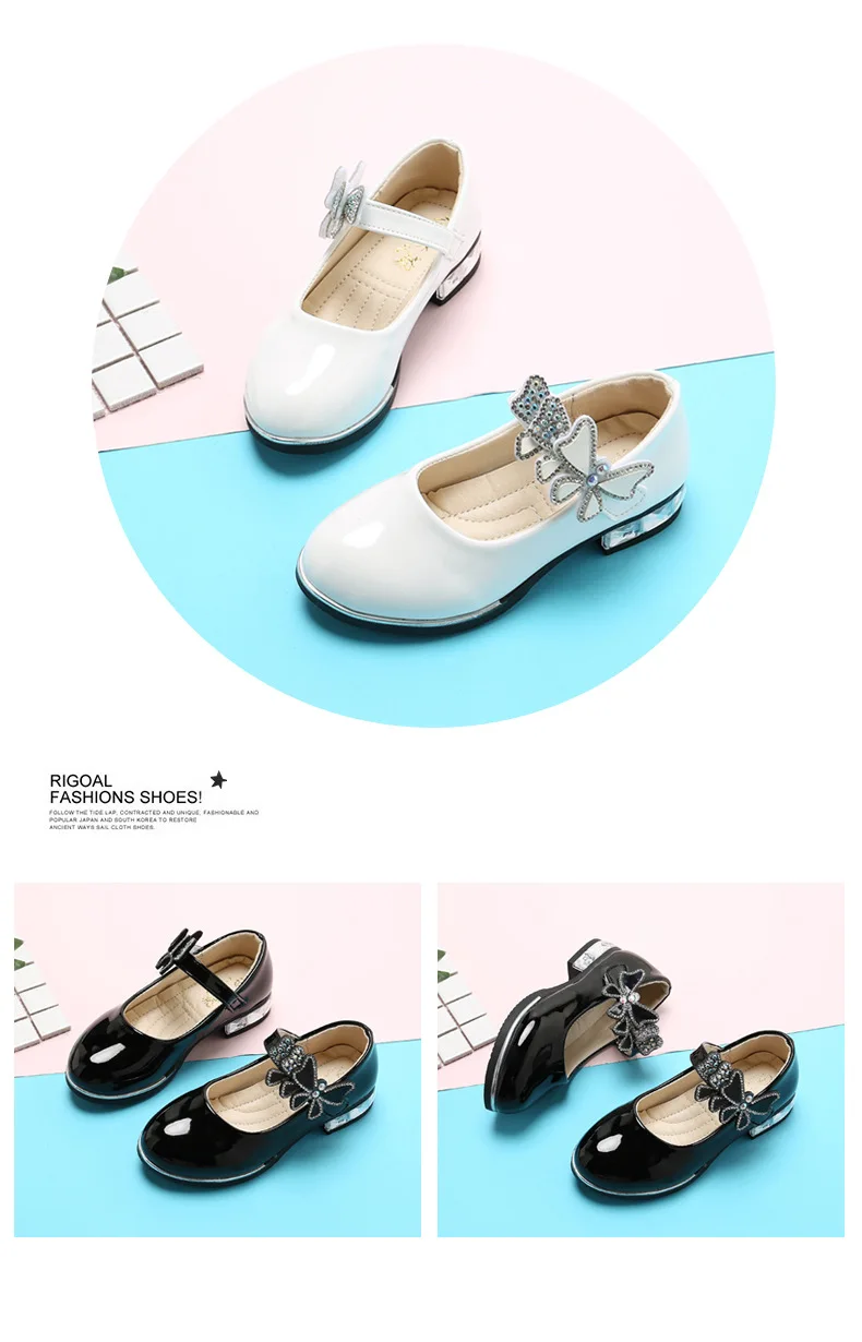 Girls Leather Shoes 2022 Spring Summer PU Patent Leather Kids Dress Shoes High Heels Butterfly-knot Dress Shoes for Wedding Chic children's shoes for high arches