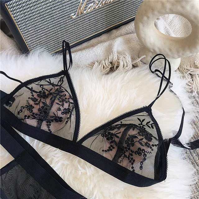 Sexy Underwear Set Ultra Thin Mesh Transparent Embroidery Bra and