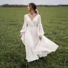 

Simple Chiffon Wedding Dress V-Neck Long Sleeves Open Back Ankle Length Country Style Boho Bridal Gowns Robe De Mariee Custom