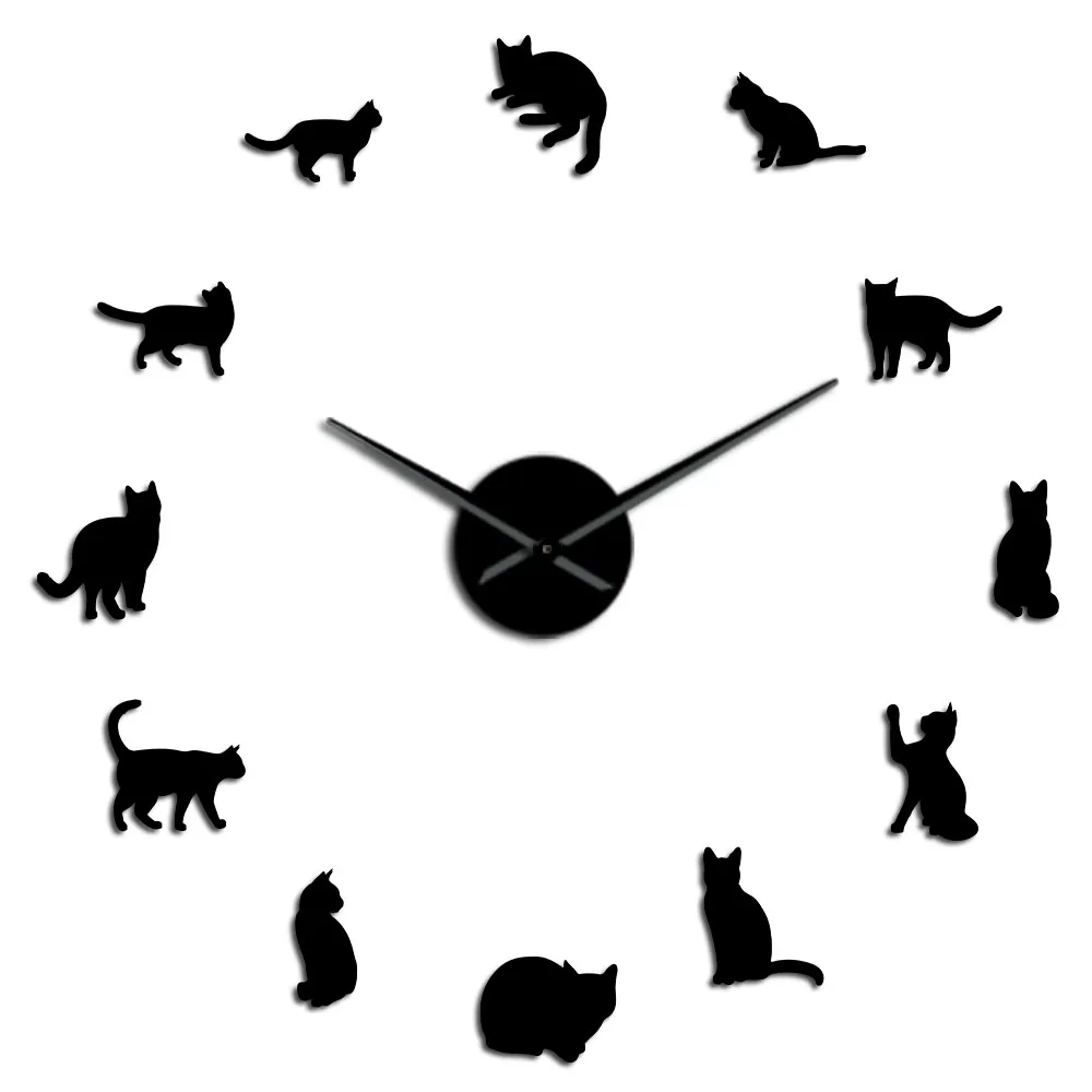 Силуэт кошки настенные художественные котята DIY гигантские настенные часы игривые кошки большая игла котенок девушка комната большие настенные часы кошачий вентилятор подарок - Цвет: Black