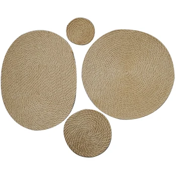 

4Pcs Flax Straw Woven Dining Table Mat Heat Insulation Placemats Pot Holder Coffee Drink Tea Cup Round Coaster Table Placemats H