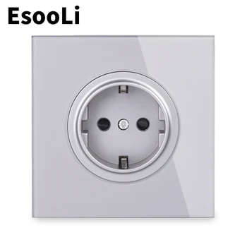 

EsooLi Grey Glass Panel Wall Crystal Power Socket Plug Grounded 16A EU Standard Electrical Outlet 86mm*86mm Power Socket